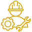 Construction worker icon with helmet, gear, and tools, symbolizing engineering and technical expertise.