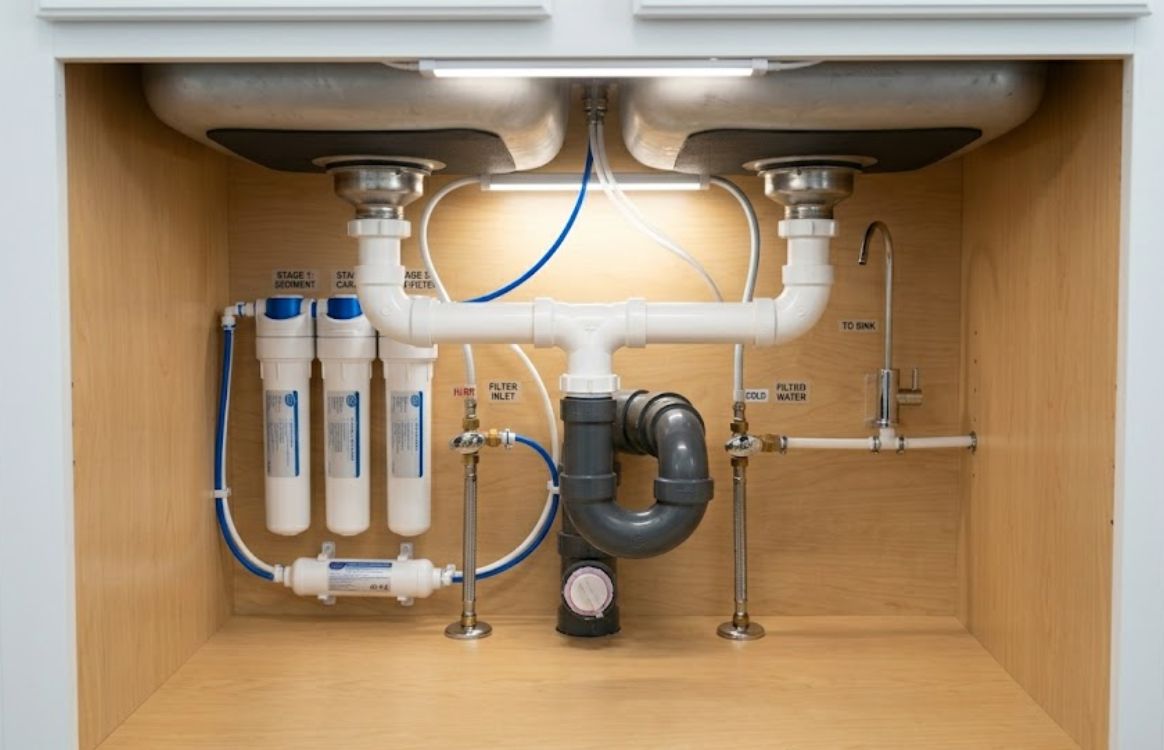 Plumbing setup under a sink, featuring water filters, pipes, and valves for filtered water access.